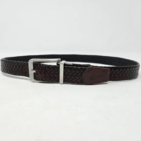 NIKE BROWN BLACK LEATHER SILVER BUCKLE WOVEN REVERSIBLE MENS GOLF BELT SIZE 32 - Picture 1 of 4